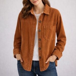 Kensie Jeans Corduroy Shacket Shirt Jacket in Camel Brown with Side Pockets